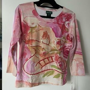 Marshall Fields Vintage Woman's Abstract with Sequins Shirt pastel.  Lar…